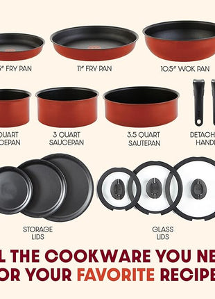 T-fal Ingenio Expertise Non Stick Cookware Set 14 Piece, Induction, Oven Broiler Safe 500F, Cookware, Pots and Pans Set, RV, Camping, Kitchen Frying Pans, Dishwasher Safe, Detachable Handle Cherry Red