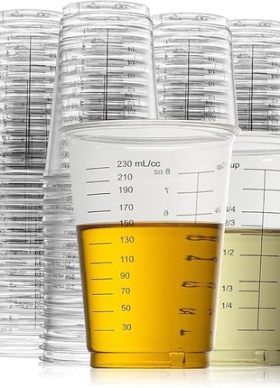 Prestee 50 Disposable Measuring Cups 8 oz - Plastic Paint Measuring Cups and Disposable Mixing Cups for Epoxy Resin - Versatile, Clear Measurement for Wet and Dry Ingredients for Baking and Crafting