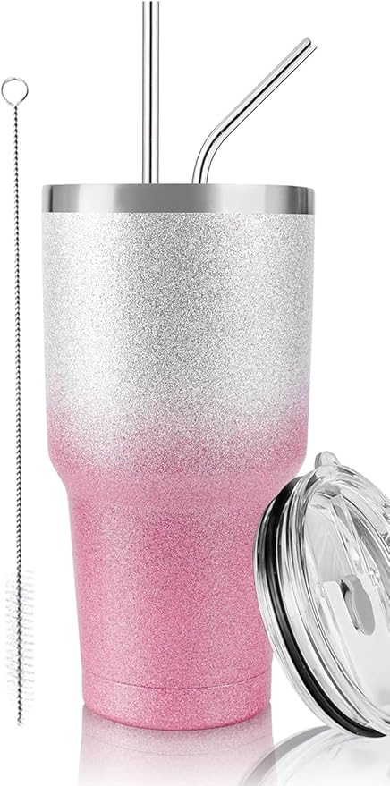 D·S 30 oz Tumbler Pink Glitter Gradient Cup Stainless Steel Double Wall Vacuum Insulated Mug with Straw and Lid, Cleaning Brush for Cold and Hot Beverages