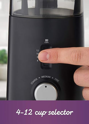 Mr. Coffee Automatic Coffee Grinder with 5 Presets, 12 Cup Capacity, Black – Ideal for Home Use and Espresso Lovers