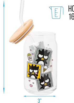 Silver Buffalo Sanrio Hello Kitty and Friends Badtz-Maru Polaroids Glass Jar Tumbler with Bamboo Lid and Glass Straw, 16 Ounces