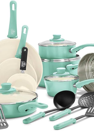 GreenLife Soft Grip 16 Piece Cookware Set, Non-Toxic PFAS-Free Ceramic Nonstick, Pots, Frying, Sauce, Saute, Glass Lids, Stay-Cool Handles, Wobble Free Bases, Dishwasher & Oven Safe, Turquoise