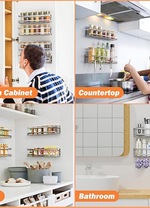 Spice Rack wall mounted 2 Pack, Space-Saving Spice Organizer for Spice Jars and Seasonings,Screw or Adhesive Hanging Spice Rack Organizer for Your Kitchen Cabinet,or Pantry Door,Silver