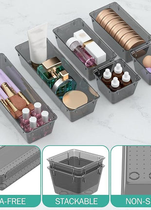 WOWBOX 9 Pack Clear Drawer Organizer Set, Acrylic Drawer Storage Trays, Storage Bins for Makeup, Cosmetics, Jewelries, Utensils, Gadgets, Office, Black