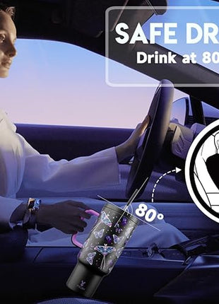 Meoky 40 oz Glow in the Dark Tumbler with Handle and Straw, Tumbler with Lid and Straw, Insulated Stainless Steel Travel Mug, 100% Leak-proof, Keeps Cold for 34 Hours (Butterfly)