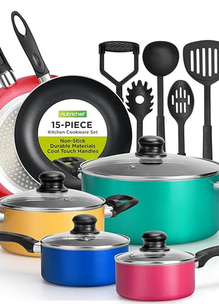 NutriChef 15-Piece Colorful Pots and Pans Set - Heat Resistant Lacquer Cookware Set with Saucepot, Frying Pans, Oven Pot, Lids, Utensil set - All Cooktop Compatible Including Induction