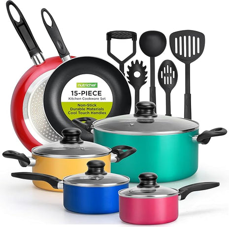 NutriChef 15-Piece Colorful Pots and Pans Set - Heat Resistant Lacquer Cookware Set with Saucepot, Frying Pans, Oven Pot, Lids, Utensil set - All Cooktop Compatible Including Induction