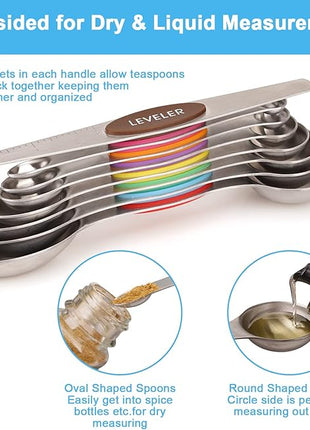 Aovchei 8 PCS Magnetic Measuring Spoons Set, Dual Sided, Stainless Steel Small Tablespoon, Teaspoons, Fits in Spice Jars, for Dry and Liquid, Multi-Color