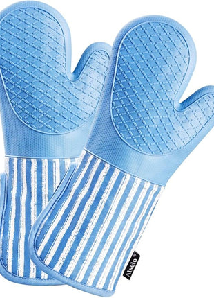 Silicone Oven Mitts Heat Resistant 932℉ with Waterproof & Non-Slip Kitchen Mittens, Set of 2 Extra Long Oven Gloves with Soft Cotton Terry Lining for Baking Cooking Barbecue (2, Blue Mitts)
