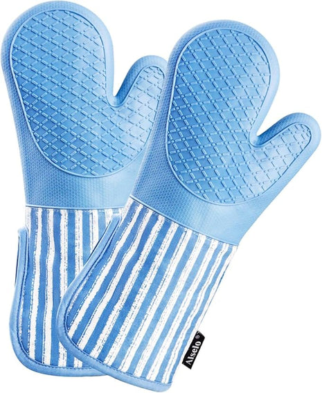 Silicone Oven Mitts Heat Resistant 932℉ with Waterproof & Non-Slip Kitchen Mittens, Set of 2 Extra Long Oven Gloves with Soft Cotton Terry Lining for Baking Cooking Barbecue (2, Blue Mitts)