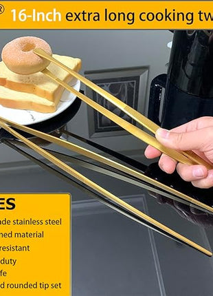 JETKONG 2 Pcs 16-Inch Heavy Duty Cooking Tweezers Extra Large Stainless Steel Food Tweezers Gaint Kitchen Tweezer Tongs (Gold)