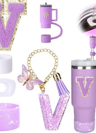 Mity rain 6PCS Cup Accessories Set for Stanley Cup 30oz 40oz tumbler with handle, Including Silicone Straw Topper Cover Cap and Boot, Spill Proof Stopper, Handle Charm, Initials Sticker (Letter V)