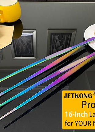 JETKONG 2 Pcs 16-Inch Stainless Steel Fine Tongs Extra Long Chopstick Tongs Long Kitchen Forceps for Cooking (Rainbow)