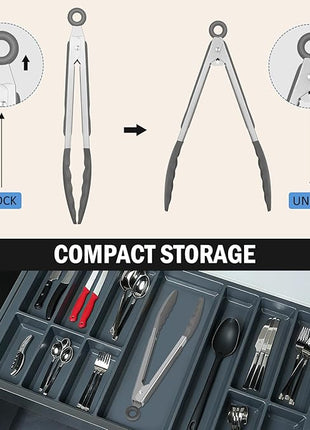 Kitchen Tongs, Set of 3 Stainless Steel Tongs with Silicone Tips Locking Cooking Tongs 600ºF Heat Resistant Tong for Cooking BBQ Grilling Air Fryer Serving Food Salads, 7"+9"+12" Light Grey