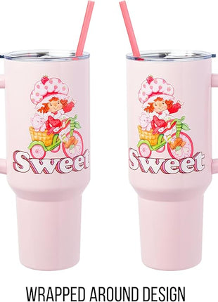 Silver Buffalo Strawberry Shortcake and Custard “Sweet” Stainless Steel Tumbler with Handle, Fits in Standard Cup Holder, 40 Ounces