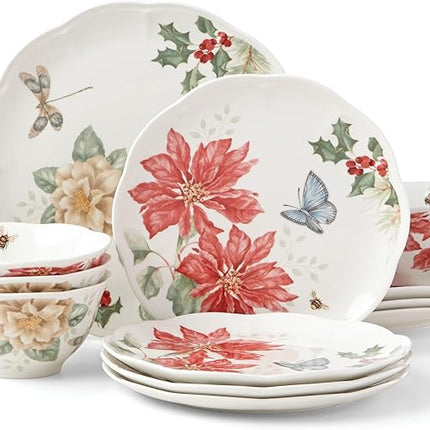 Lenox 884473 Butterfly Meadow Holiday 12-Piece Dinnerware Set, Christmas, Hosting