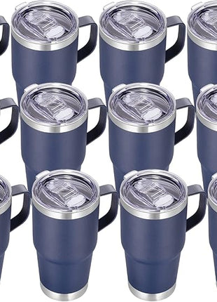 VEGOND 20 oz Tumbler Bulk with Handle Lid and Straw, Stainless Steel Insulated Travel Coffee Mug Set, Spill Proof Double Wall Metal Tumblers Cups, Powder Color Navy Blue 12 Pack