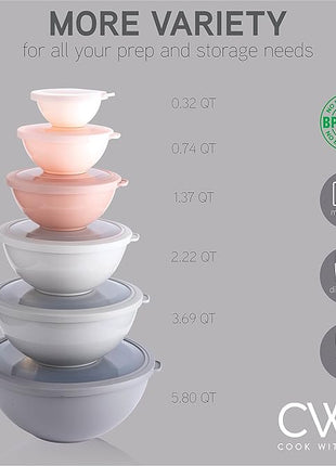 COOK WITH COLOR Mixing Bowls with TPR Lids - 12 Piece Plastic Nesting Bowls Set includes 6 Prep Bowls and 6 Lids, Microwave Safe Mixing Bowl Set (Pink Ombre)