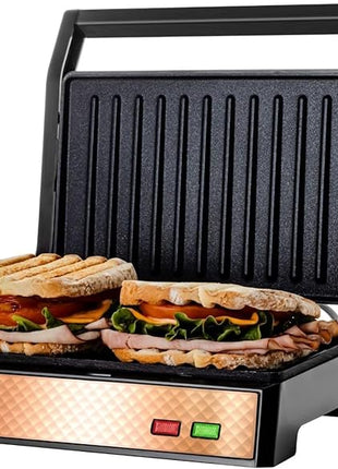 OVENTE Electric Panini Press Sandwich Maker with Non-Stick Coated Plates, Opens 180 Degrees to Fit Any Type or Size of Food, 1000W Indoor Grill Perfect for Quesadillas, Burgers & More, Copper GP0620CO