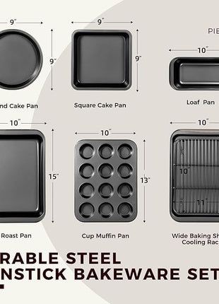 KITESSENSU Baking Pans Sets, Nonstick Bakeware Sets 7-Piece with Round/Square Cake Pan, Loaf Pan, Muffin Pan, Cookie Sheet, Roast Pan, Cooling Rack, Carbon Steel Bake Set
