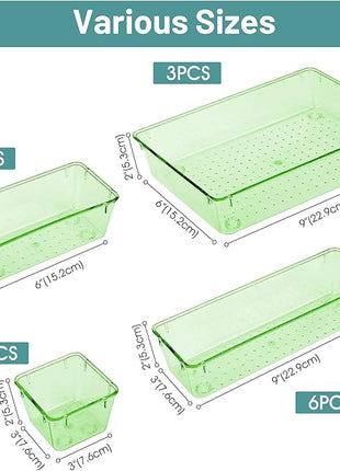 WOWBOX 25 PCS Plastic Drawer Organizer Set, 4 Sizes Desk Drawer Divider Organizers and Storage Bins for Makeup, Jewelry, Gadgets for Kitchen, Bedroom, Bathroom, Office, Clear Green