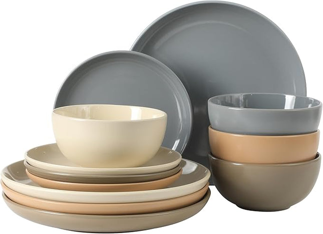 Gibson Home Rockaway 12 Piece Plates and Bowls Matte Outside/Shiny Inside Glaze Service for 4 Dinnerware Set - Assorted Color (Cream, Blue, Beige, Brown) - Dishwasher and Microwave Safe
