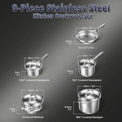 Cooks Standard Multi-Ply Clad Stainless Steel Cookware Set, 9 Piece, Silver