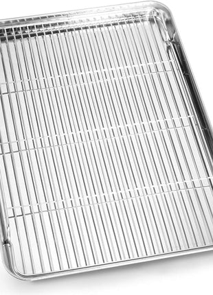 Cookie Sheet and Cooling Rack Set, 16 inch Stainless Steel Baking Pan with a Rack, Professional Bakeware, Healthy & Non-toxic & Rustproof & Easy Clean & Dishwasher Safe