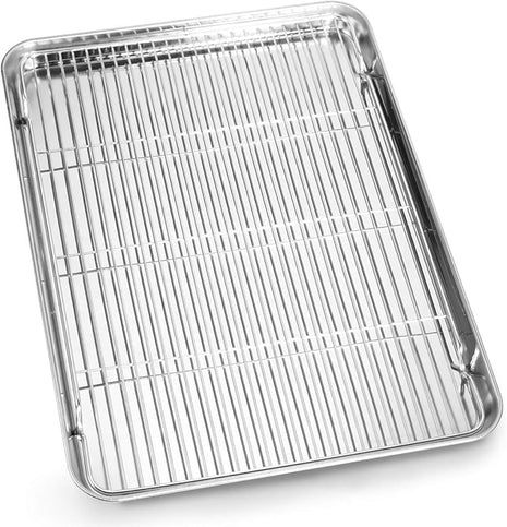 Cookie Sheet and Cooling Rack Set, 16 inch Stainless Steel Baking Pan with a Rack, Professional Bakeware, Healthy & Non-toxic & Rustproof & Easy Clean & Dishwasher Safe