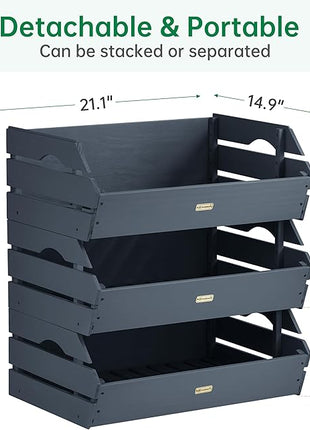 HABAU Wood Potato Onion Storage Bins - Wooden Stackable Produce Basket - Fruit Vegetable Storage for Kitchen Pantry Organization, Set 3 Pieces