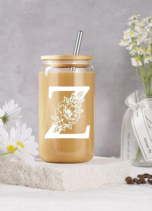 Coolife Initial Glass Cup, Monogrammed Gifts for Women, 16 oz Glass Cups w/Lids Straws, Iced Coffee Smoothie Beer Tumbler w/Straw Lid - Personalized Christmas, Birthday Gifts for Her Mom Friend Woman
