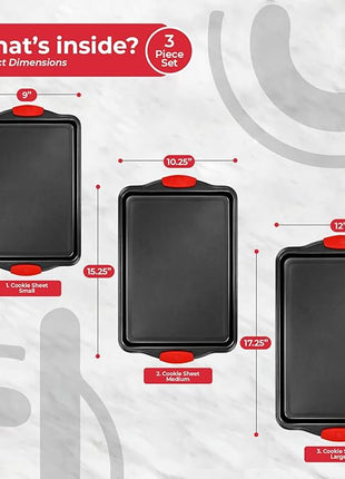 PERLLI Non-Stick 3-Piece Baking Pan Set, BPA-Free Carbon Steel Bakeware Set with Silicone Handles, Stackable Kitchen Oven Set, Cookie Sheet, Baking Tray, Baking Sheet Set, Oven Safe (446°F)