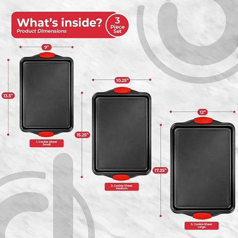 PERLLI Non-Stick 3-Piece Baking Pan Set, BPA-Free Carbon Steel Bakeware Set with Silicone Handles, Stackable Kitchen Oven Set, Cookie Sheet, Baking Tray, Baking Sheet Set, Oven Safe (446°F)