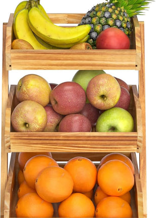 3 Tier Wooden Fruit Basket For Kitchen, Bread Vegetable Fruit Basket Bowl Stand, Farmhouse Fruit Bowl for Countertop, Large