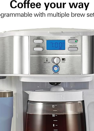 Hamilton Beach 2-Way Programmable Coffee Maker, 12 Cup Glass Carafe And Single Serve Coffee Maker, White with Stainless Steel Accents, 49933