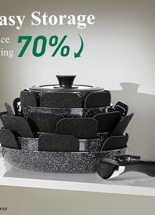 Chef Power Ceramic Nonstick Cookware Set 19 Piece with Detachable Handle, Induction Dishwasher Oven Safe Pans and Pots Set, RV Kitchen Set Removable Handle, Rock Stone Black