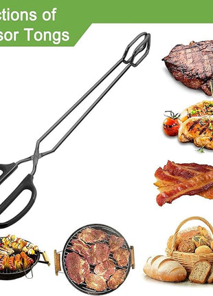 16" Extra Long Scissor Tongs, Stainless Steel Metal Kitchen Tongs for Cooking, Grilling & Serving (Black)