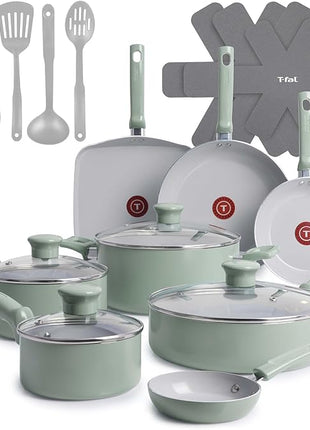 T-Fal Refresh Ceramic Nonstick Cookware Set, 20-Piece, Oven Safe to 350°F, Stockpot, Ceramic Pots and Pans Set, Frying Pans, Griddle, Utensils, Mint Green