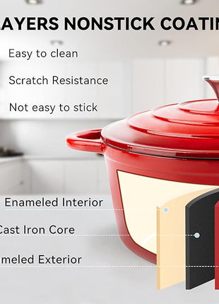 Miereirl 4.5 Quart Enameled Dutch Oven Pot with Lid, Cast Iron Dutch Oven with Dual Handles for Bread Baking, Cooking, Non-stick Enamel Coated Cookware (Red)
