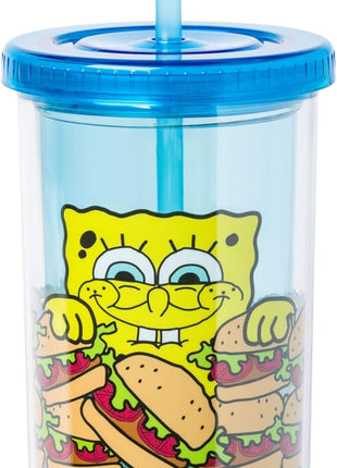 Silver Buffalo Spongebob Squarepants Smiling Krabby Patties Plastic Tall Cold Cup With Lid and Straw, 20 Ounces