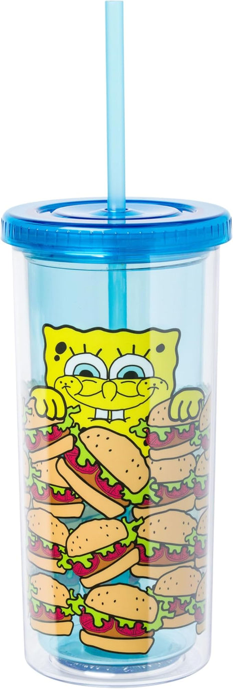 Silver Buffalo Spongebob Squarepants Smiling Krabby Patties Plastic Tall Cold Cup With Lid and Straw, 20 Ounces