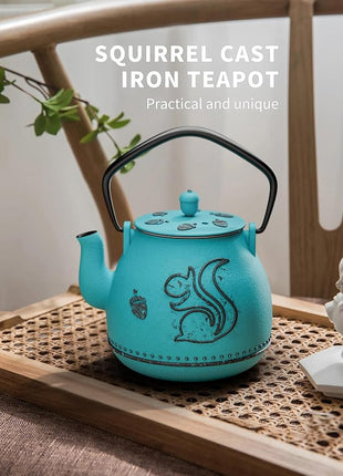 Toptier Teapot with Removable Infuser, Cast Iron Tea Kettle Stovetop Safe, Squirrel Design Tea Pot Coated with Enameled Interior for 32 Ounce (950 ml), Blue
