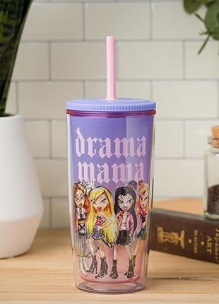 Silver Buffalo Bratz Drama Mama Featuring Cloe, Yasmin, Jade, and Sasha Plastic Tumbler Cold Cup with Lid and Straw, 20 Ounces
