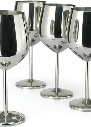 PG Set of 4 Stainless Steel Wine Glass - 18.5oz Silver Mirror Finished Wine Glasses - Unbreakable Wine Glasses - Stem Metal Wine Goblets