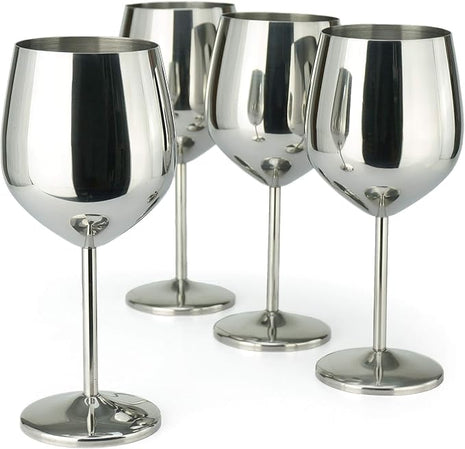 PG Set of 4 Stainless Steel Wine Glass - 18.5oz Silver Mirror Finished Wine Glasses - Unbreakable Wine Glasses - Stem Metal Wine Goblets