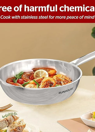 Sunhouse 8 Inch Tri-Ply Stainless Steel Frying Pan, Whole-Clad No Coatings Skillet with Stay-cool Handle for Cooking, Durable & Oven Safe to 500°F, Dishwasher Safe, Compatible with All Cooktops