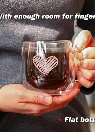 CNGLASS Double Walled Glass Coffee Mugs 10oz,Large Insulated Espresso Cups,Set of 2 Clear Glasses Cappuccino Mug with Handle(Tea Latte Glassware)