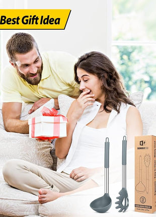 Silicone Pasta Fork and Ladle Spoon Set, Large Non Stick Kitchen Utensils for Cooking,Stirring,Serving Spaghetti, Soup, Sauce (GRAY)