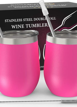 CHILLOUT LIFE 12 oz Stainless Steel Wine Tumblers 2 Pack - Double Wall Vacuum Insulated Wine Cups with Lids and Straws Set for Coffee, Wine, Cocktails - Hot Pink