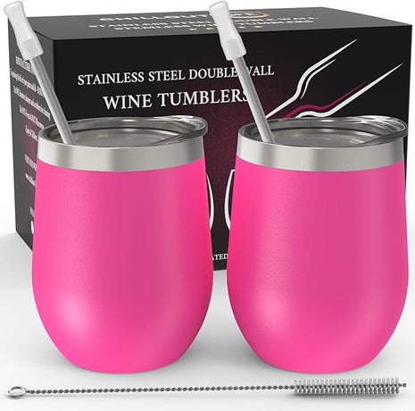 CHILLOUT LIFE 12 oz Stainless Steel Wine Tumblers 2 Pack - Double Wall Vacuum Insulated Wine Cups with Lids and Straws Set for Coffee, Wine, Cocktails - Hot Pink